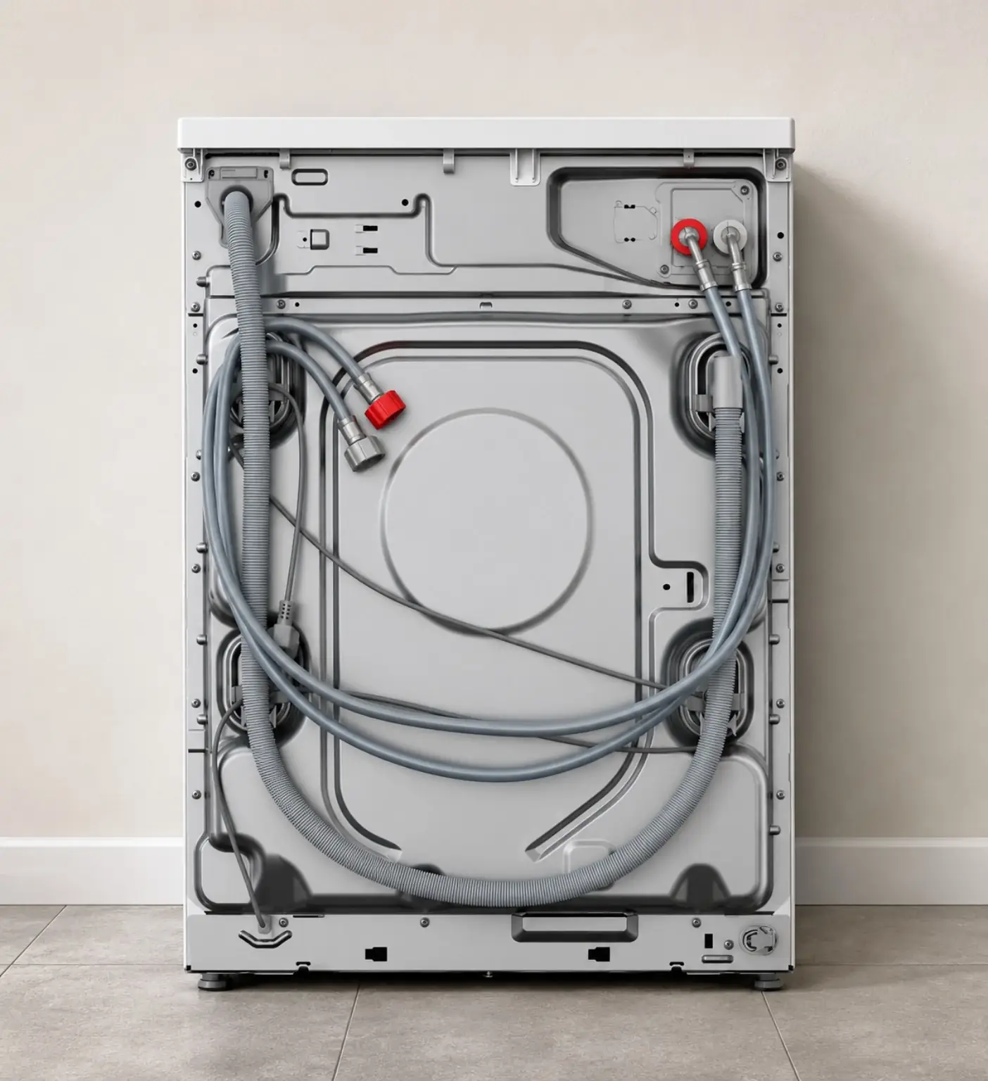 Rear view of a washing machine with water and waste hoses ready for connection