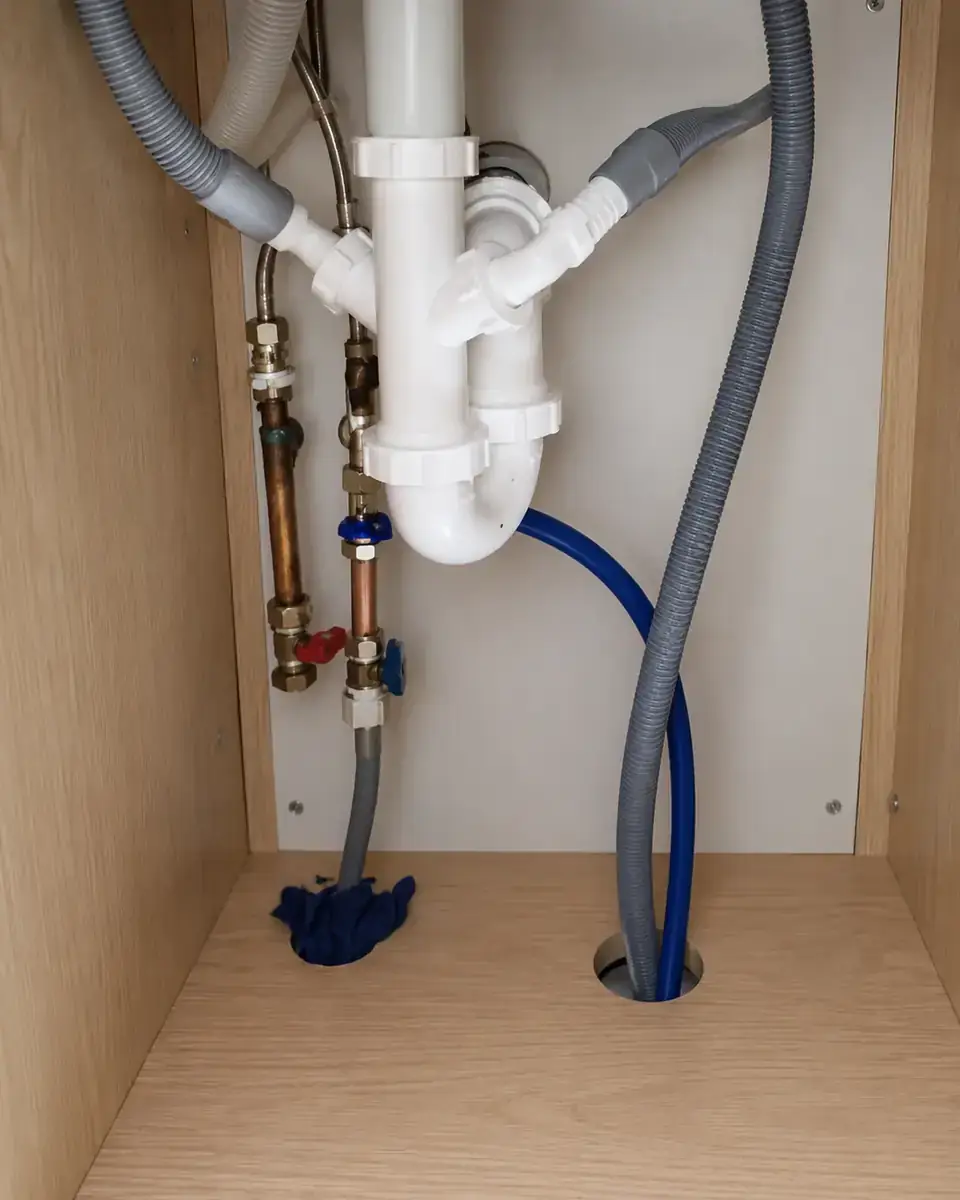 New water and waste connection points prepared under a kitchen sink