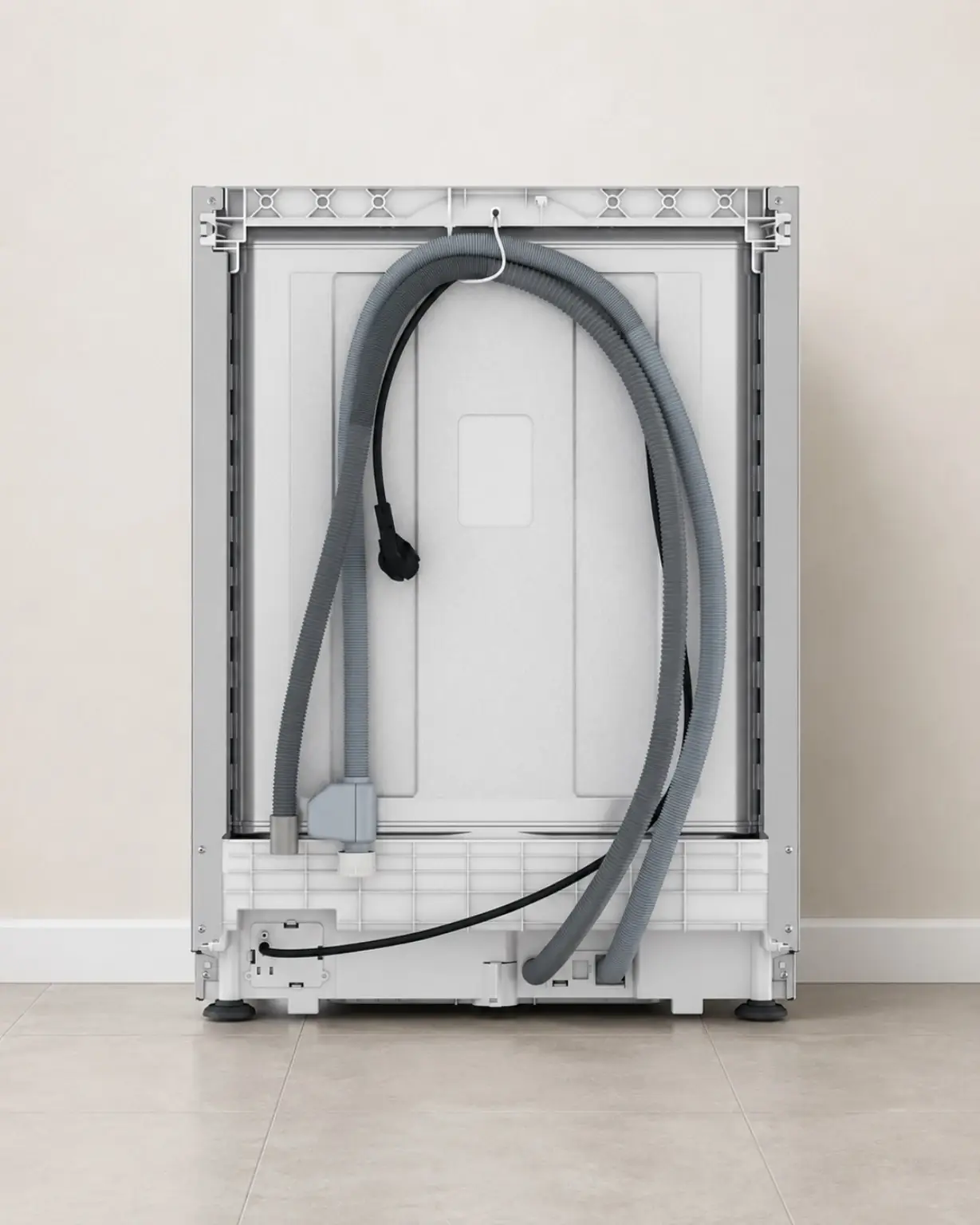 Rear view of a dishwasher with water, waste and power connections ready for installation