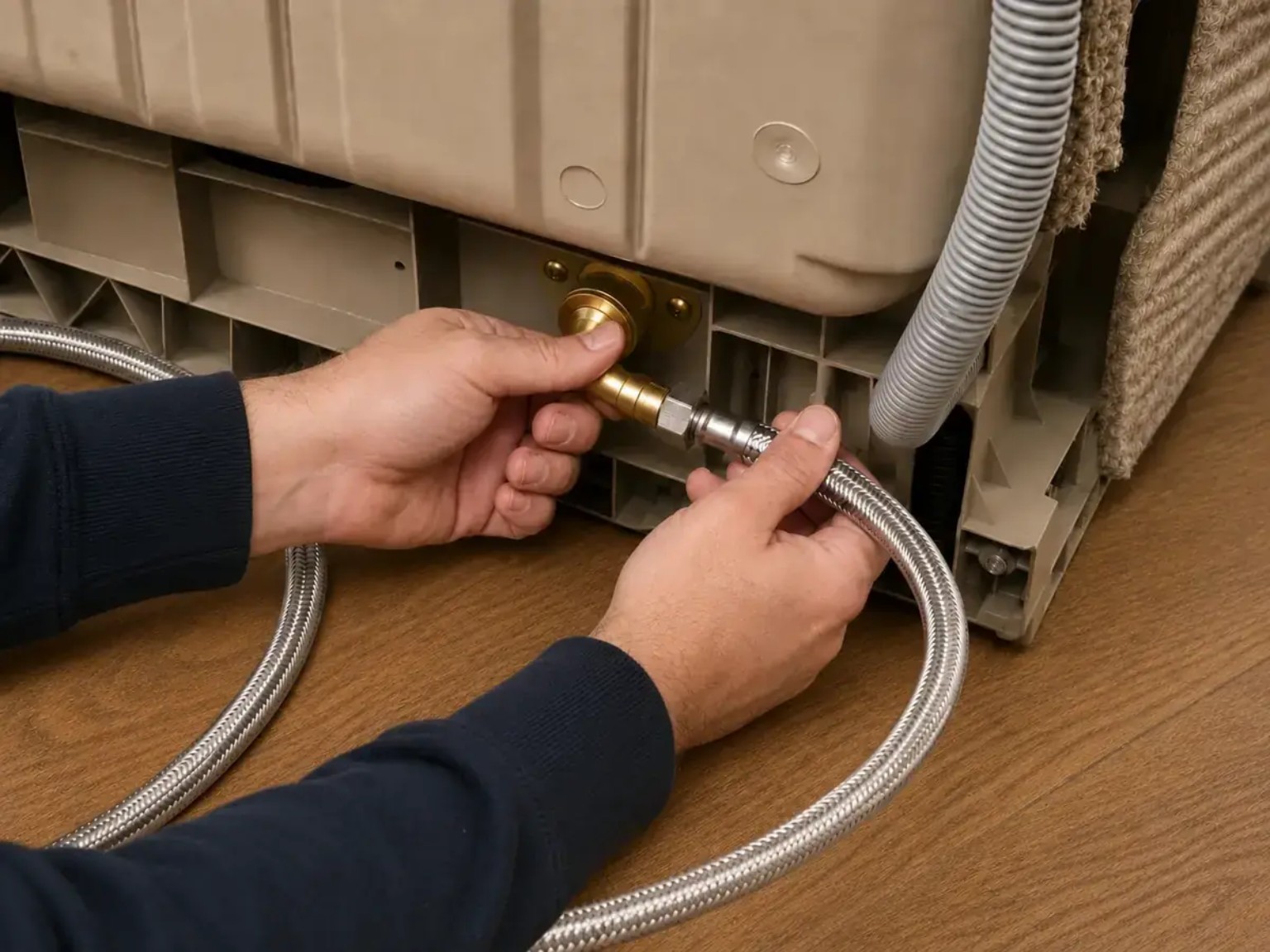 Connecting a braided water inlet hose to a dishwasher