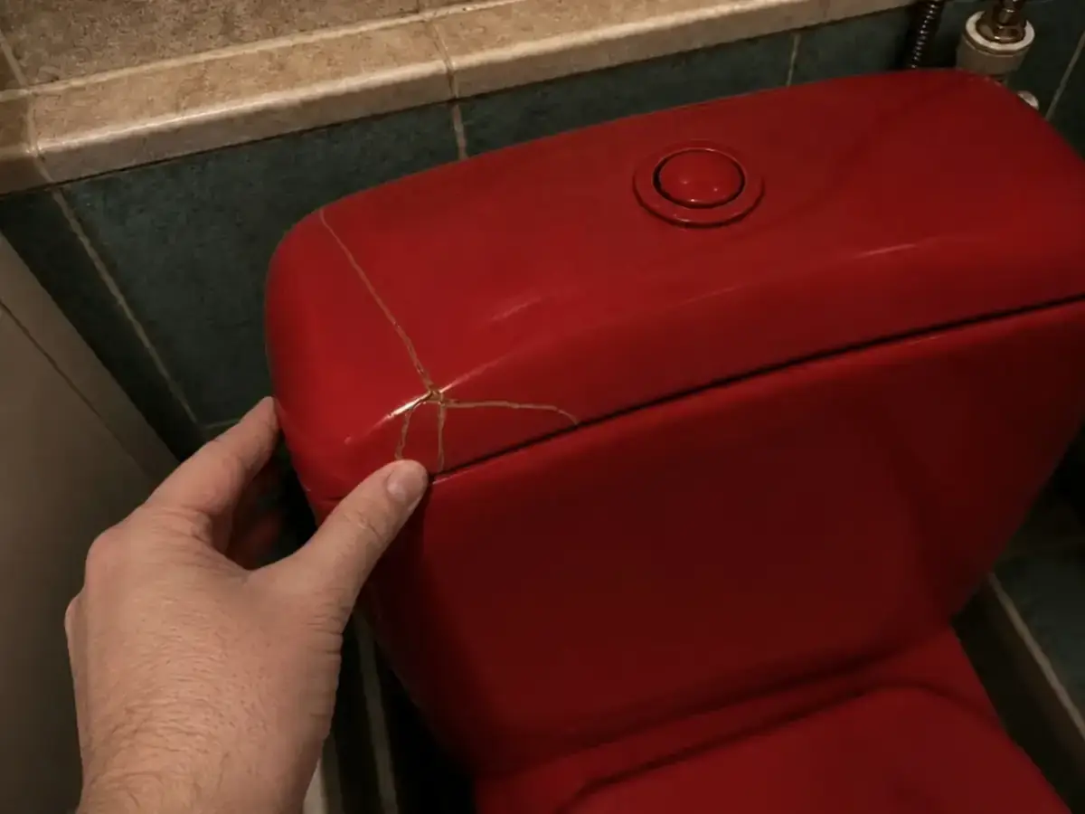 Red ceramic toilet cistern with a visible crack