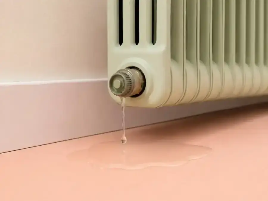 Sage green radiator with a visible valve leak
