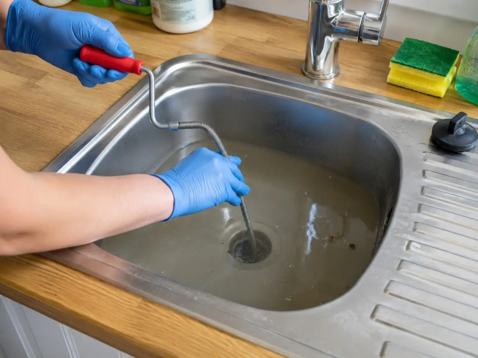 Hand drain auger being used in a blocked kitchen sink