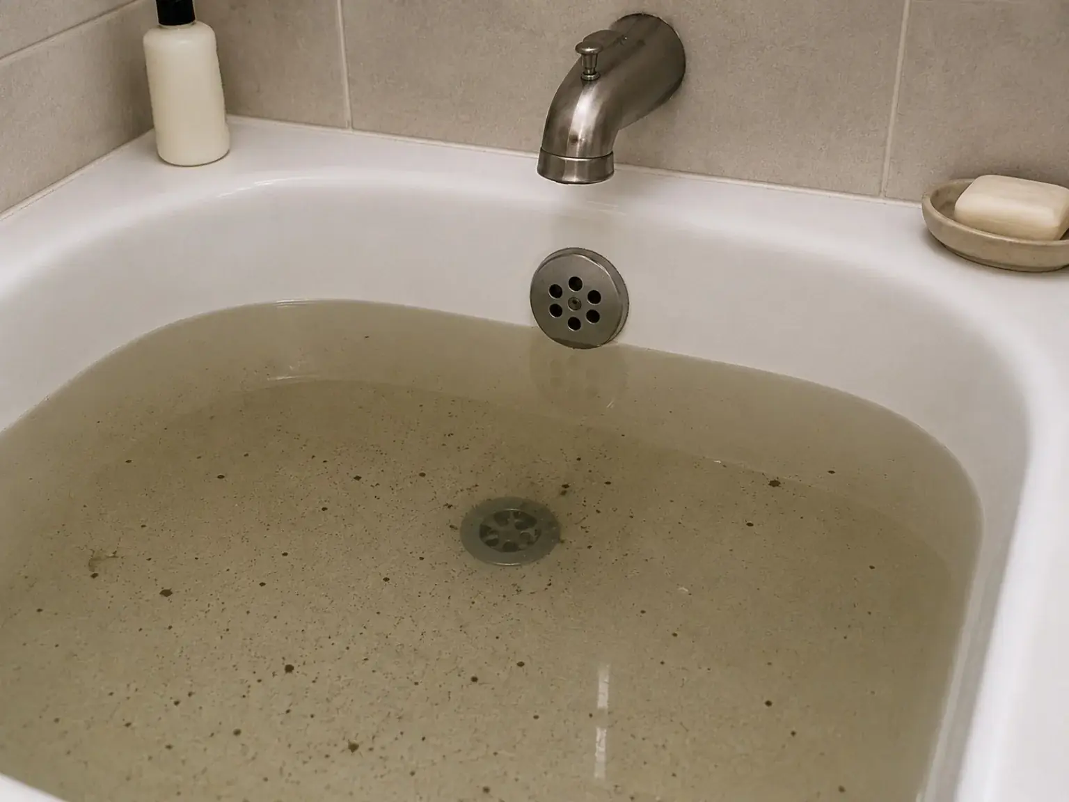 Bathtub holding dirty standing water because of a local blockage