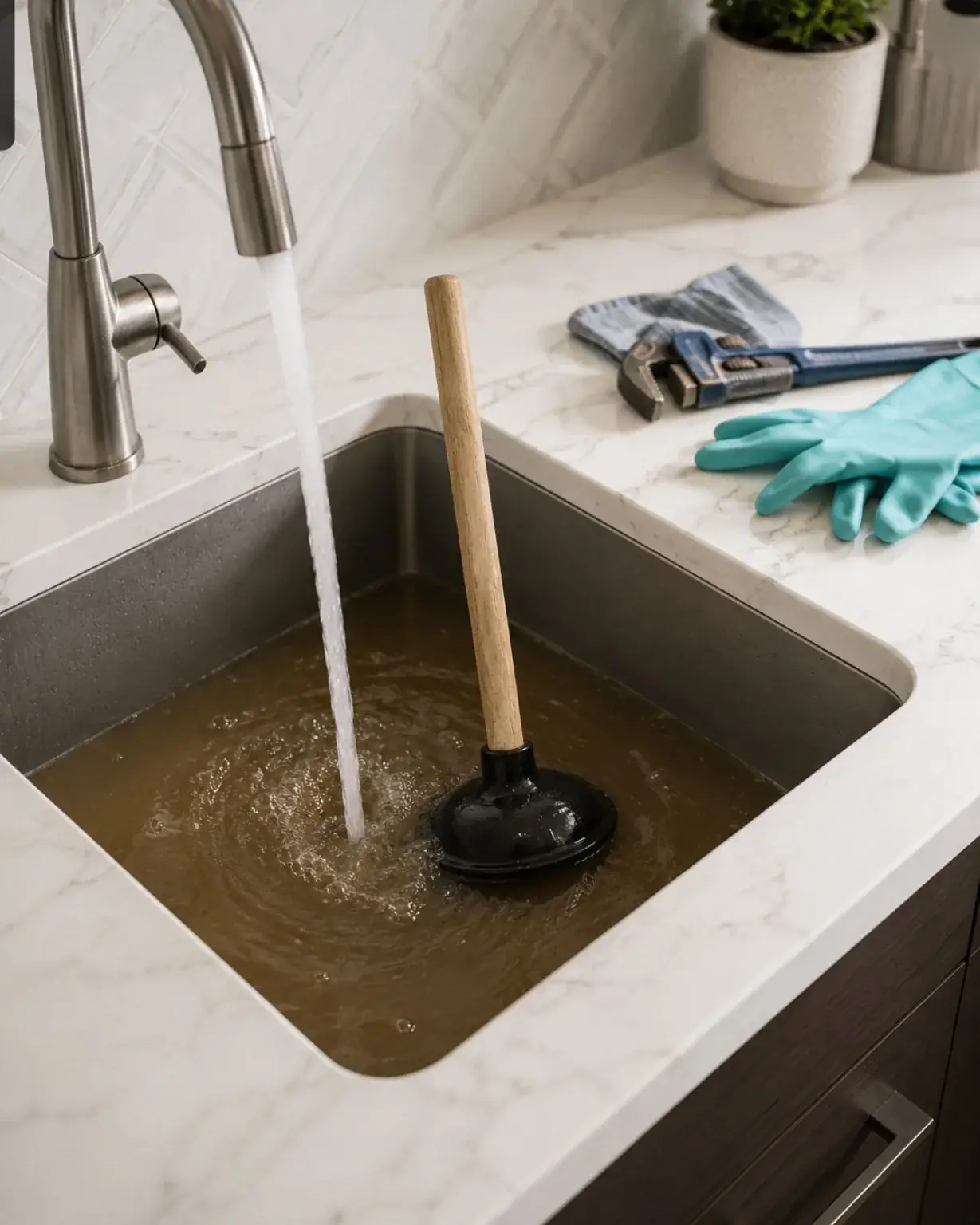 Kitchen sink holding dirty water with a plunger inside