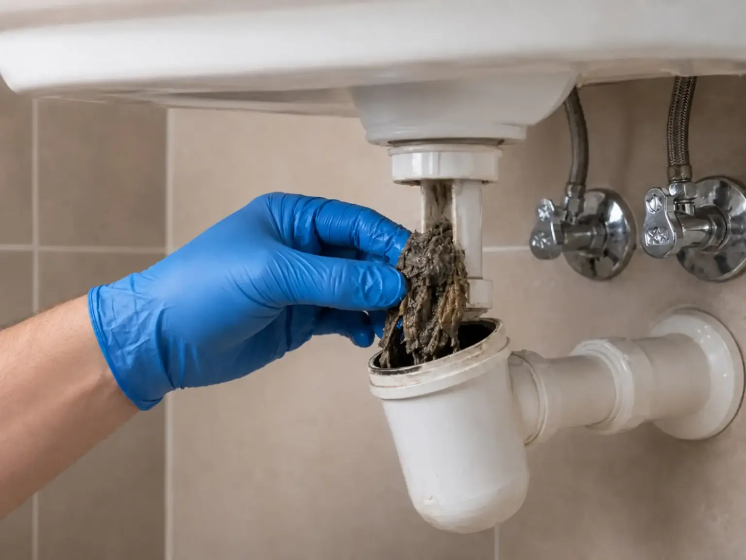 Dirty debris being removed from an opened bathroom basin trap
