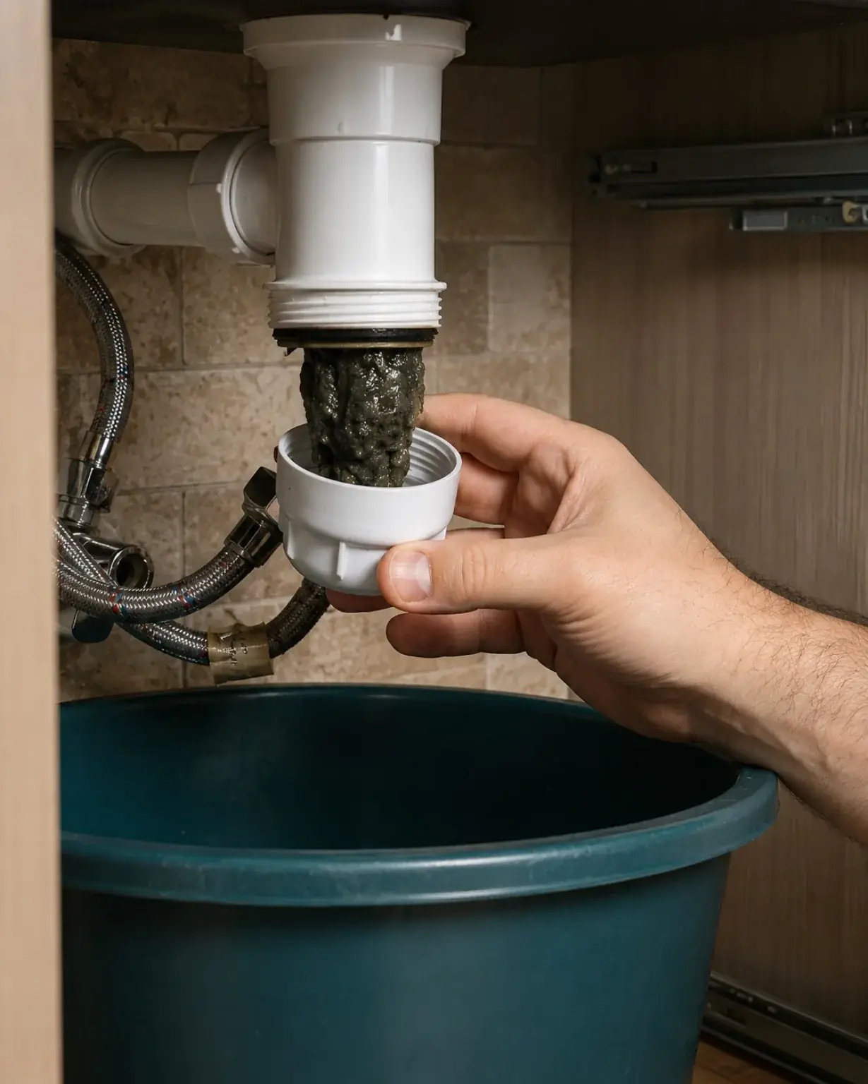 Accessible sink trap opened to remove grease, hair and debris