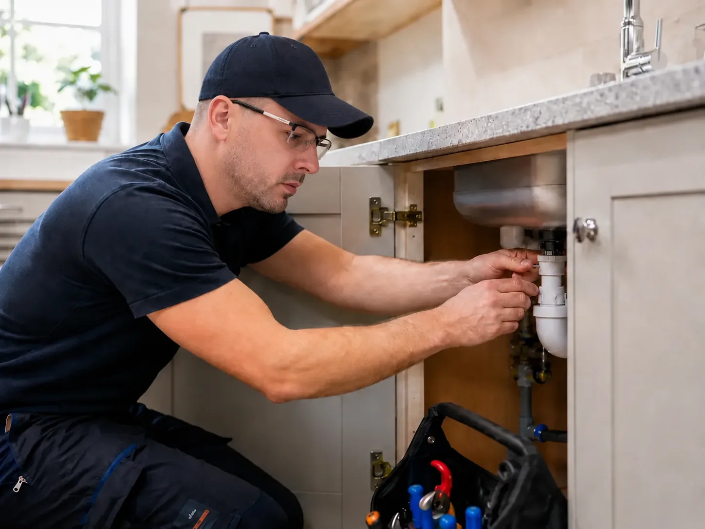 Plumber carrying out a domestic under-sink repair
