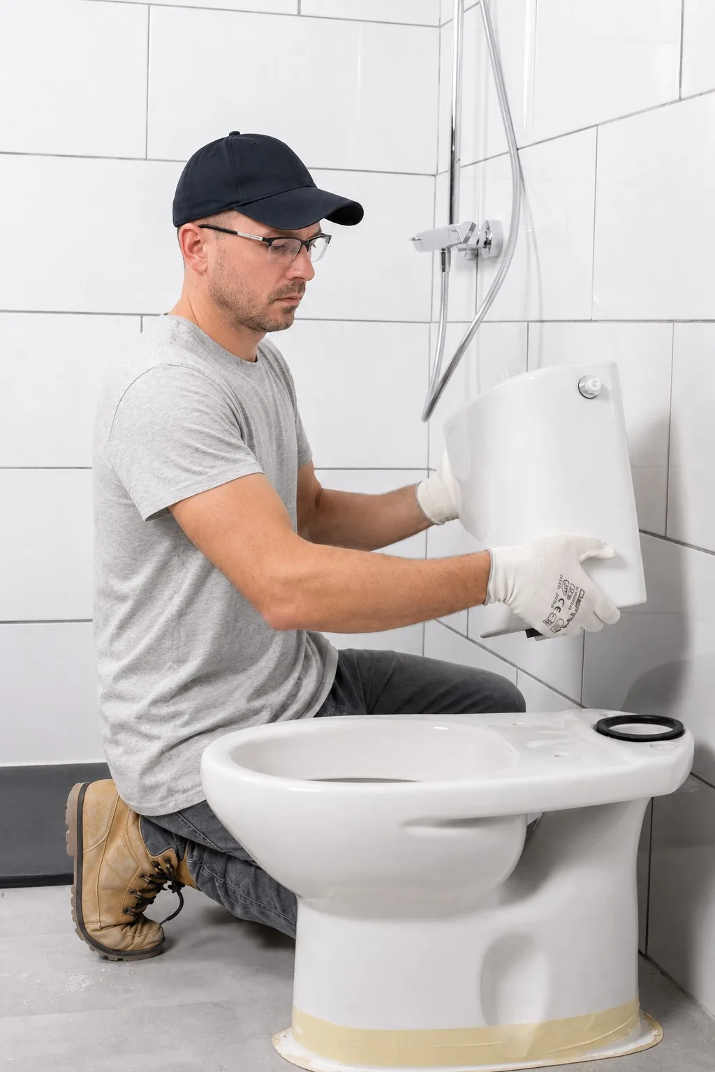 Plumber replacing a domestic toilet cistern