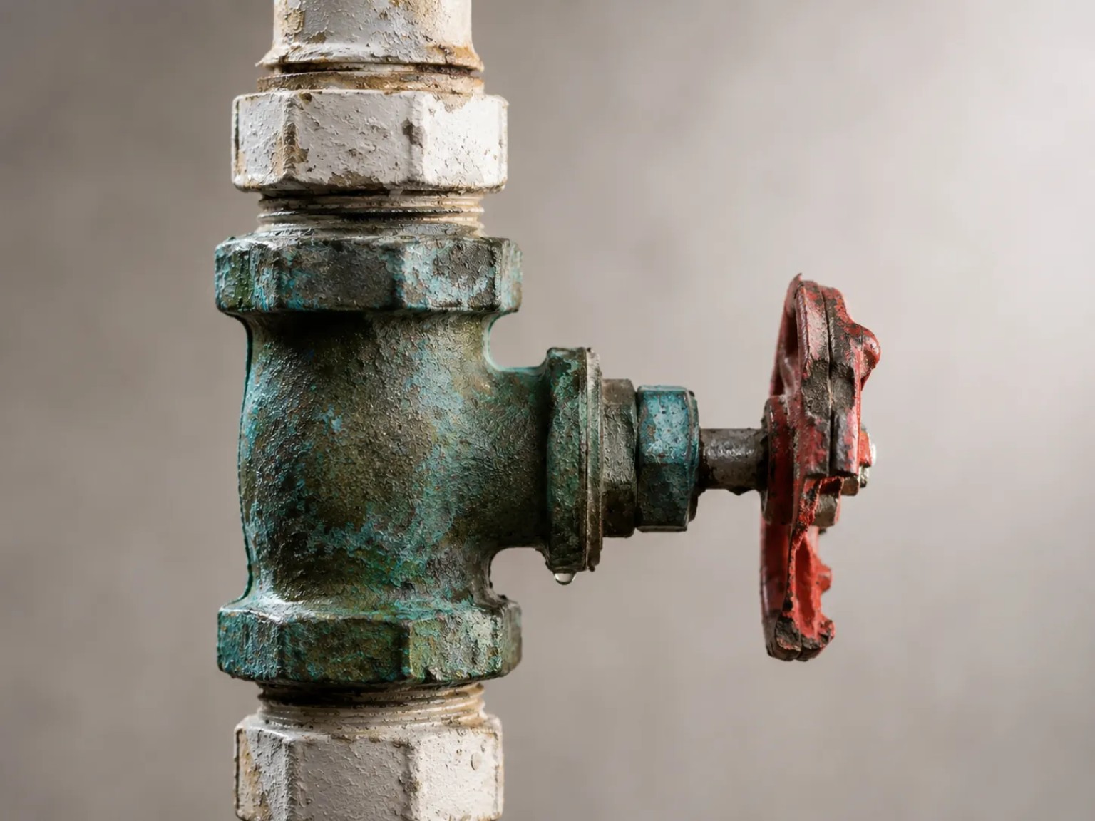 Old corroded isolation valve with a damaged red handwheel