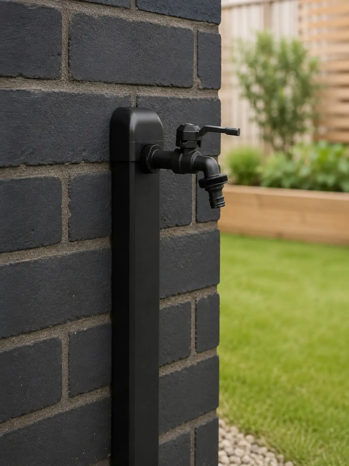 Black outside tap with the external pipe route hidden inside a neat protective cover