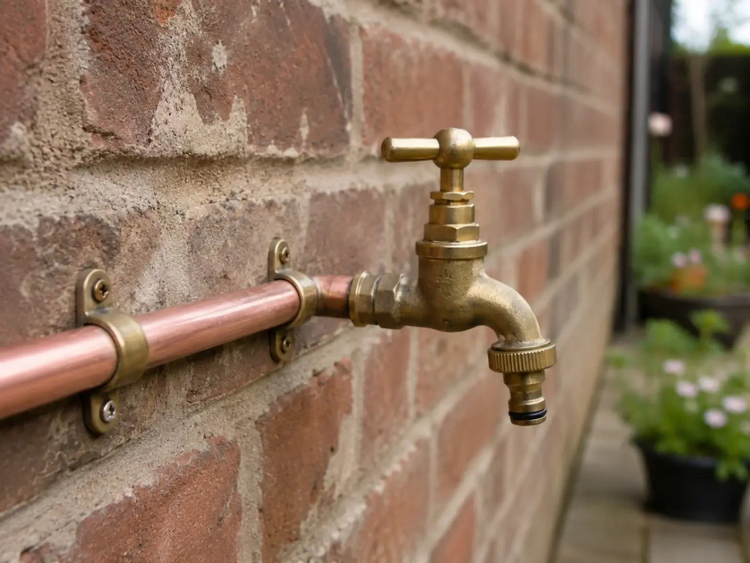 Brass outside tap connected to a neat exposed copper pipe run on a brick wall