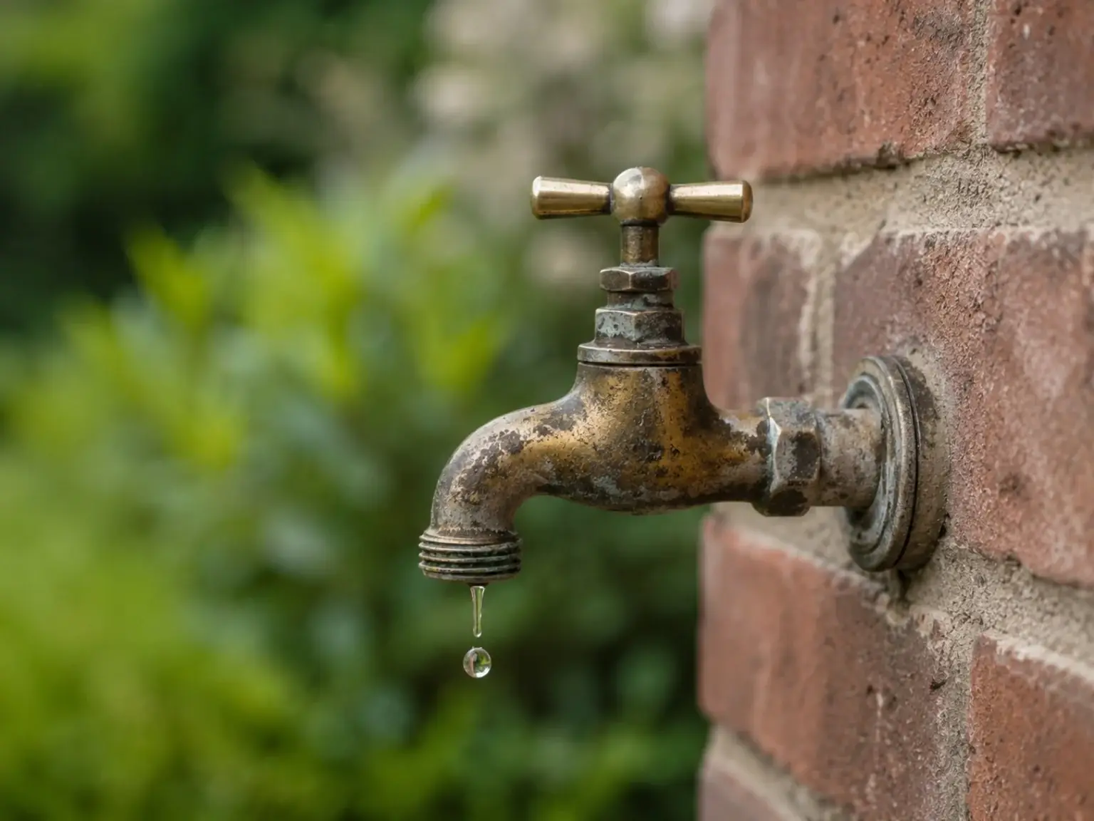 Older outside tap dripping on a brick wall