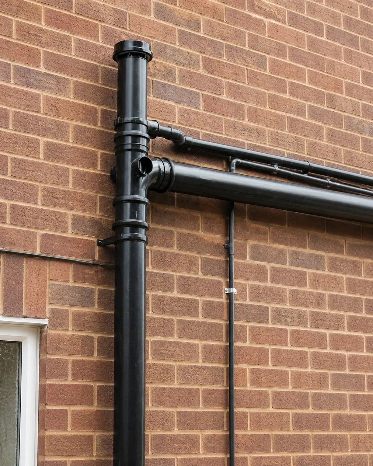 External black soil stack with connected waste pipes on a brick wall