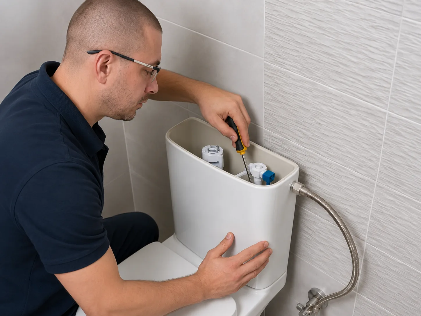 Plumber repairing a faulty toilet flush mechanism